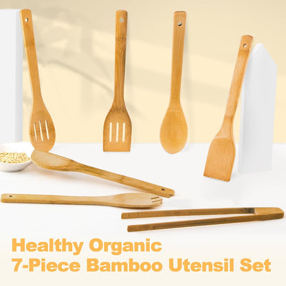 Eisinly 7-Piece Wooden Cooking Spoons, Natural Bamboo Utensil Set