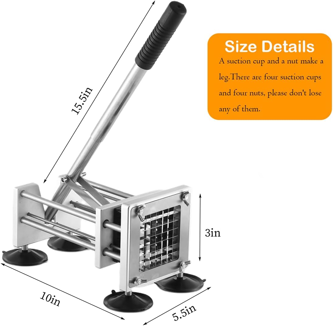 French Fry Cutter，Professional Stainless Steel Potato Cutter， Press Fries with 1/2-Inch and 3/8-Inch Blade Great for Potatoes