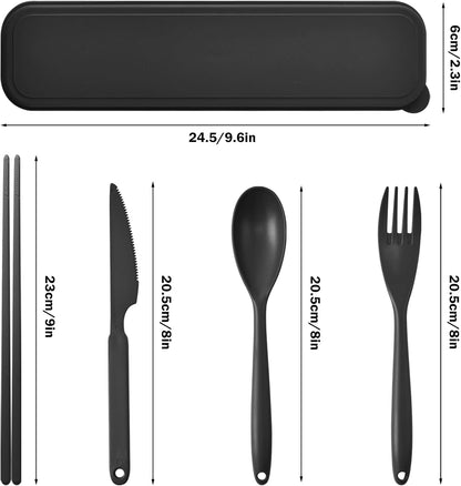 Large Plastic Reusable Utensils Set with Case, Travel Chopsticks Fork Spoon Knife Set for Lunch Box, Portable Cutlery Sets for Travel Camping Daily Use (2 Sets), Blue, Green
