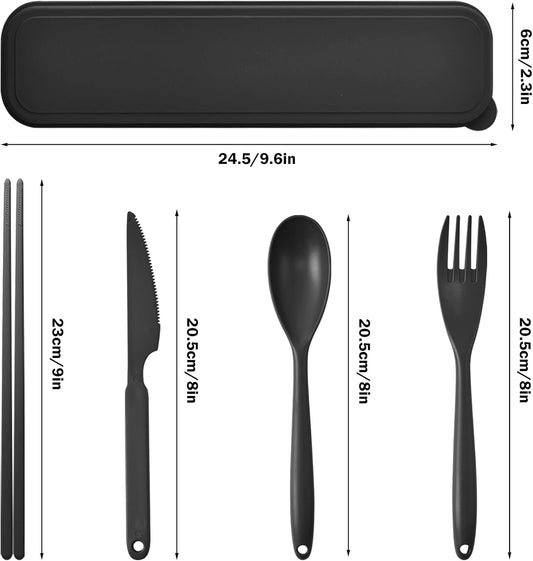 Large Plastic Reusable Utensils Set with Case, Travel Chopsticks Fork Spoon Knife Set for Lunch Box, Portable Cutlery Sets for Travel Camping Daily Use (2 Sets), Blue, Green