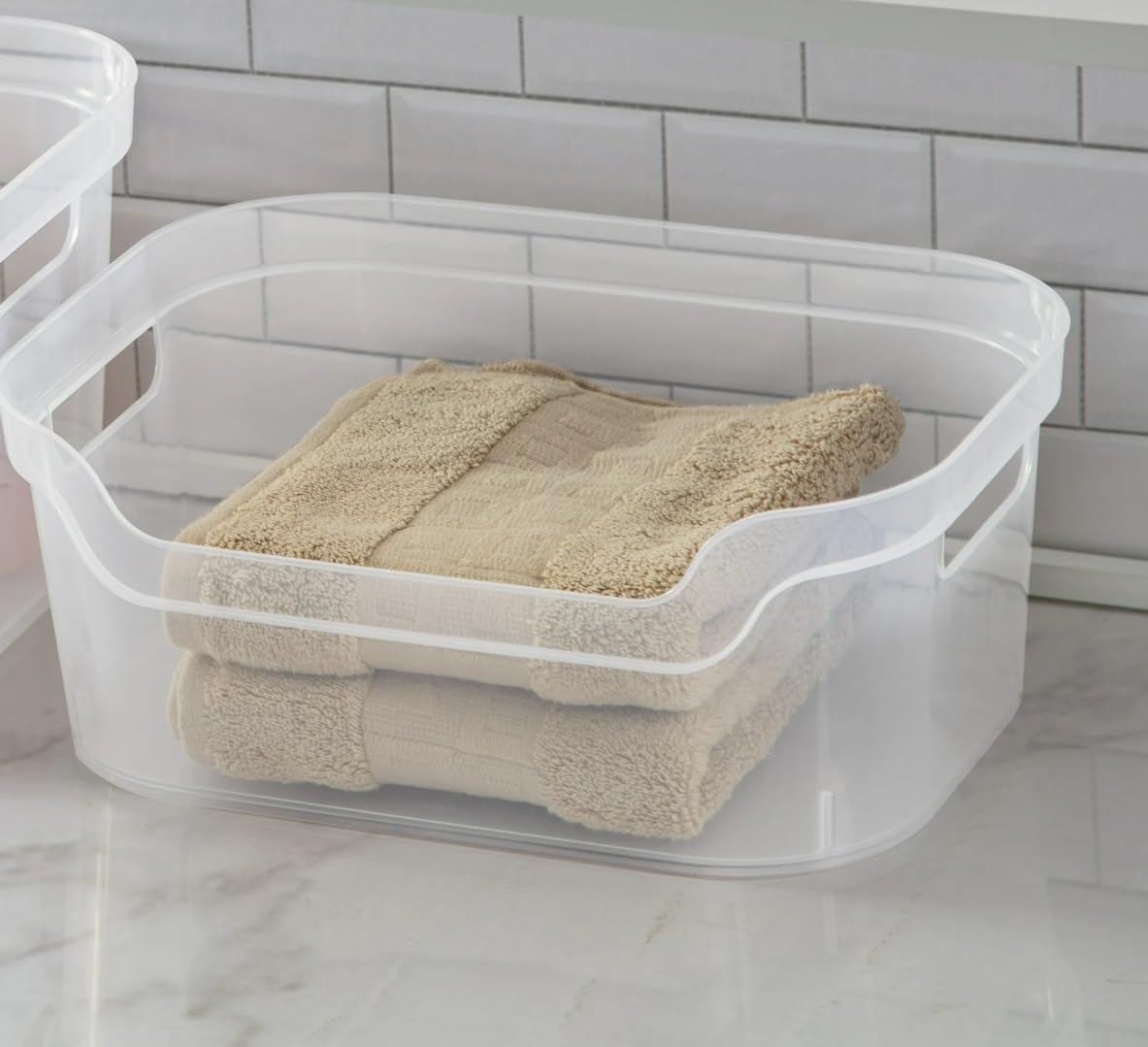 (2 pack) Medium Open Bin, Clear Plastic, Easy Access Bin with Scoop Front, Clear