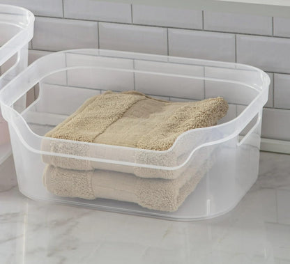 (2 pack) Medium Open Bin, Clear Plastic, Easy Access Bin with Scoop Front, Clear