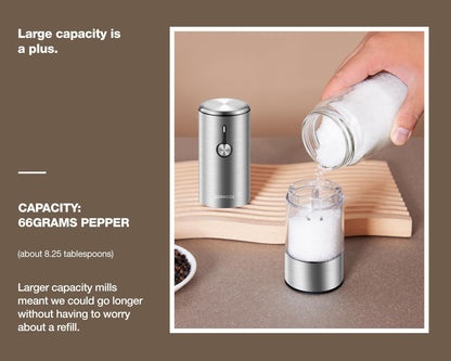 Stainless Steel Rechargeable Electric Salt and Pepper Grinder Set – USB Charging, One-Hand Electric Mill, Adjustable Coarseness, LED Light & Dust Cover –2pack(Greige & Buttercream)