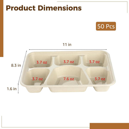 50 Pcs 6 Compartment Disposable Paper Plates Heavy Duty Divided Pulp Paper Meal Prep Containers Heavy-duty Lunch Plates Microwave & Freezer Safe