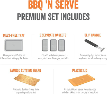 Yukon Glory™ BBQ 'N SERVE Premium Set, Includes 3 Grill Baskets, Serving Tray, Bamboo Cutting Board, Plastic Lid and Clip-on Handle