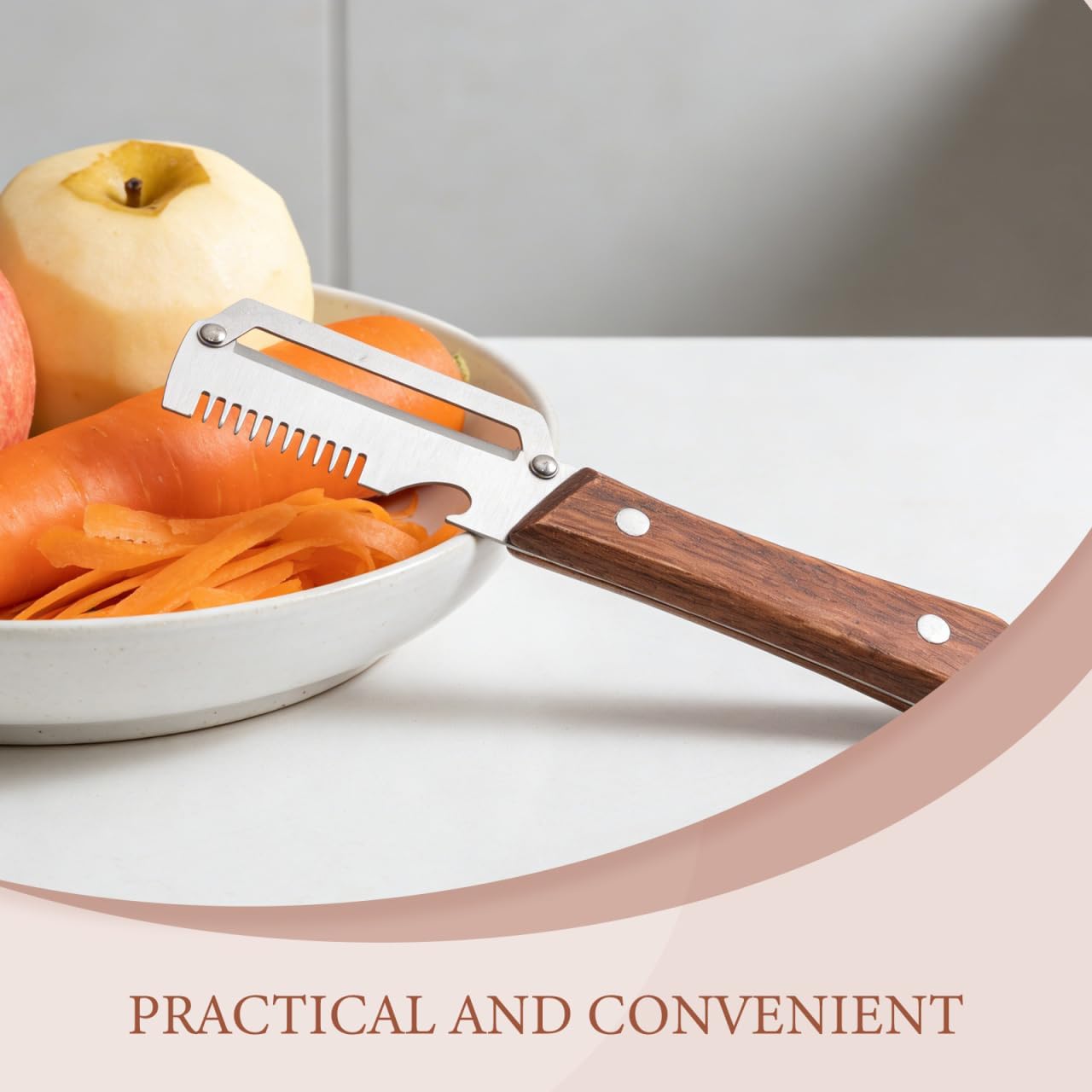 2 Pack Multi-Functional Vegetable Peeler, 3-in-1 Stainless Steel Peeler Shredder with Bottle Opener, Multifunctional Vegetable and Fruit Slicing Knife with Wooden Handle for Kitchen
