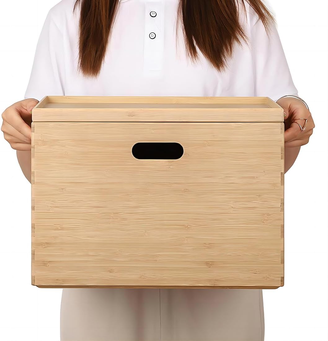 BAMOTTO CRAFTBAMBOO 2-Piece Large Bamboo Storage Box Set - 7.1in High Stackable Deep-Drawer Organizer, Lidless Bin for Kitchen Cutlery Utensils, Home & Office (14.6"x10.2"x7.1"+14.6"x10.2"x3.1")
