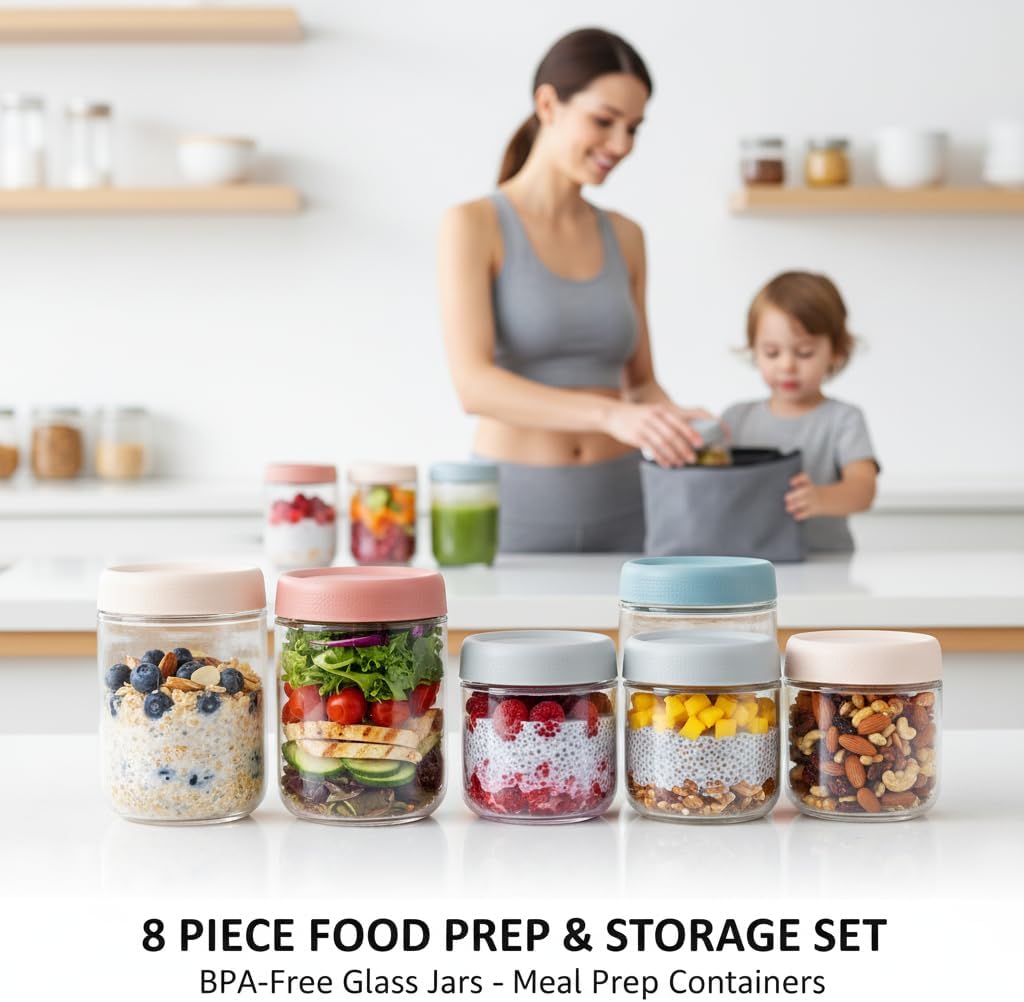 ColoVie 8 Pack Overnight Oats Containers with Lids, Chia Seed Pudding Jars, Stackable Mason Jars with Airtight Lids, Meal Prep, Wide Mouth Glass Food Storage for Snacks Yogurt Spice Sugar, 16oz 10 oz
