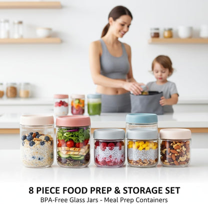 ColoVie 8 Pack Overnight Oats Containers with Lids, Chia Seed Pudding Jars, Stackable Mason Jars with Airtight Lids, Meal Prep, Wide Mouth Glass Food Storage for Snacks Yogurt Spice Sugar, 16oz 10 oz
