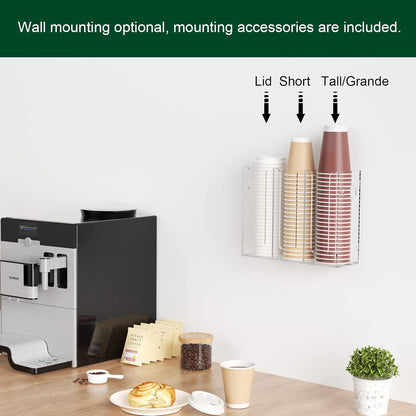 Disposable Coffee Cup Dispenser with Handles, Countertop or Wall Mount Hot/Cold Drink Cup and Lid Holder - Bathroom/Kitchen/Office Acrylic Cup Lid Storage Organizer (1 Compartment, Clear)