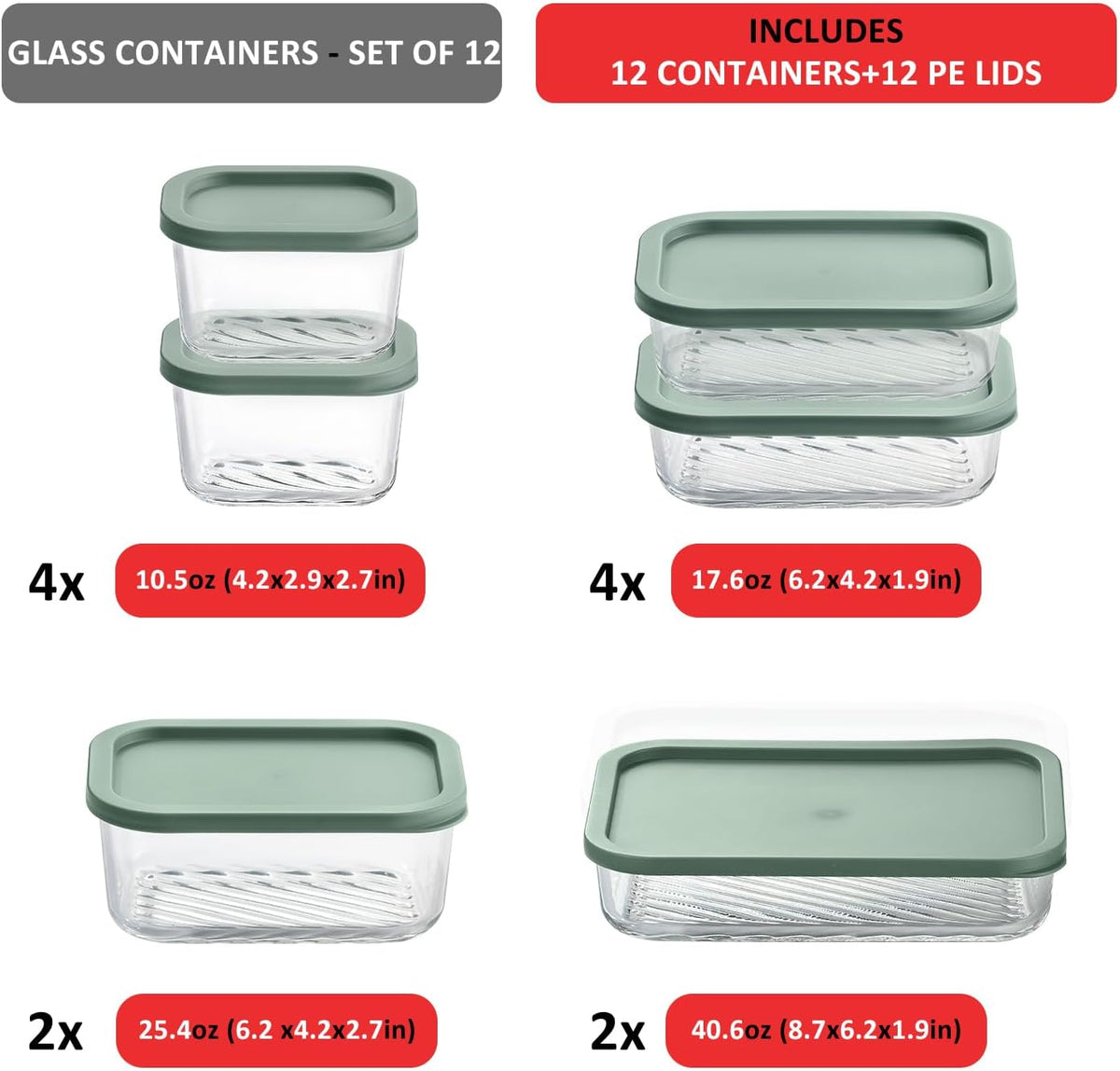 EATEX Grooved Base Glass Meal Prep Containers, 12 Pack Glass Food Storage Containers with Lids for Meal Prep & Lunch, Microwave Oven Freezer Dishwasher Safe, Anti Moisture Non-Stick Design - Black