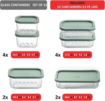 EATEX Grooved Base Glass Meal Prep Containers, 12 Pack Glass Food Storage Containers with Lids for Meal Prep & Lunch, Microwave Oven Freezer Dishwasher Safe, Anti Moisture Non-Stick Design - Black