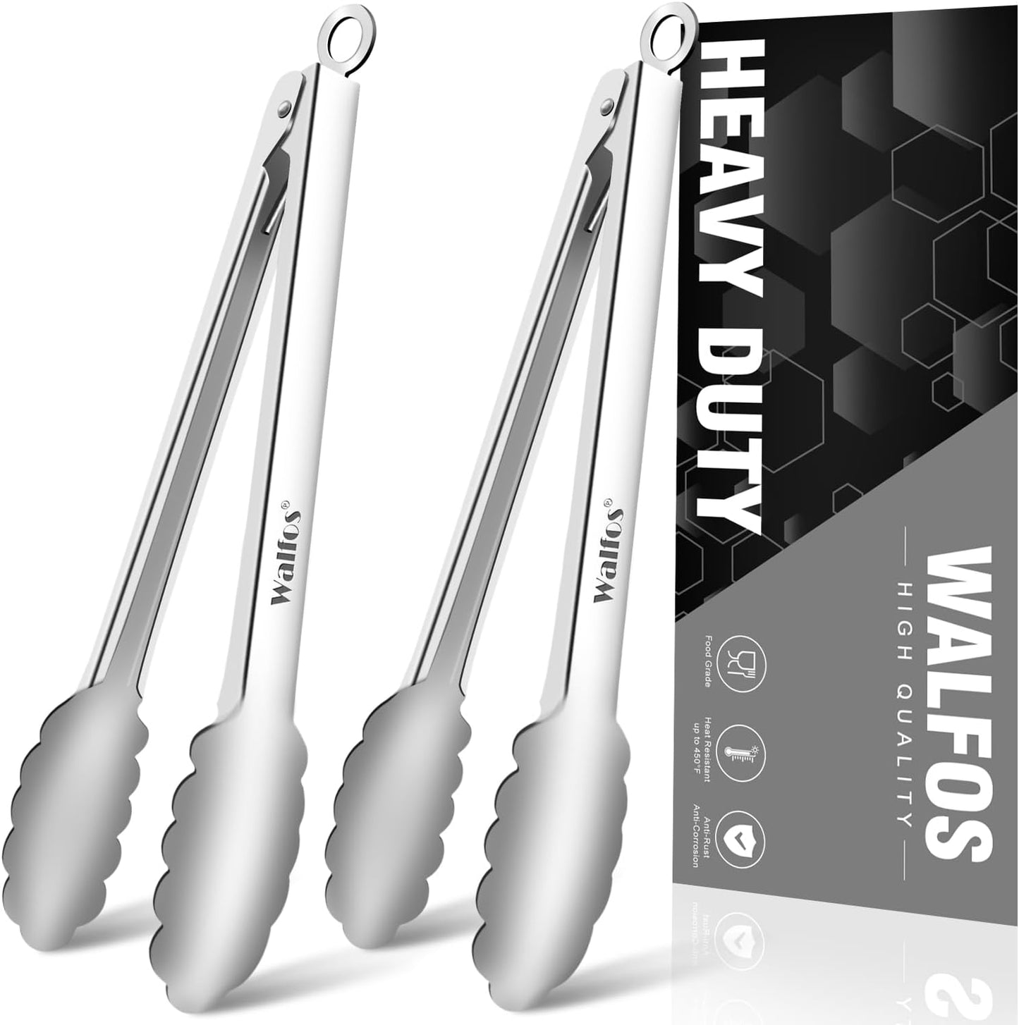 Walfos Kitchen Tongs for Cooking, 600℉ Heat Resistant Stainless Steel Tongs, All Metal Heavy Duty Tongs For Food ,BBQ Grilling - 7 ，9 and 12 Inch ,Set of 3