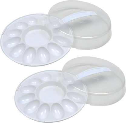 2-Pack Deviled Egg Carriers with Lids, 10.37in Round Plastic Egg Tray Holds 12 Deviled Eggs – BPA Free Reusable Food Storage Party Server Potlucks Transport Container Easter Brunch Picnics Serveware