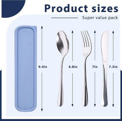 HANSGO Travel Utensils with Case, 4PCS Stainless Steel Portable Cutlery Set, Built-in Card Slot Design for Fixing Tableware, Easy-Open Lid, Lunch Box for Camping Work School, Dishwasher Safe, Beige