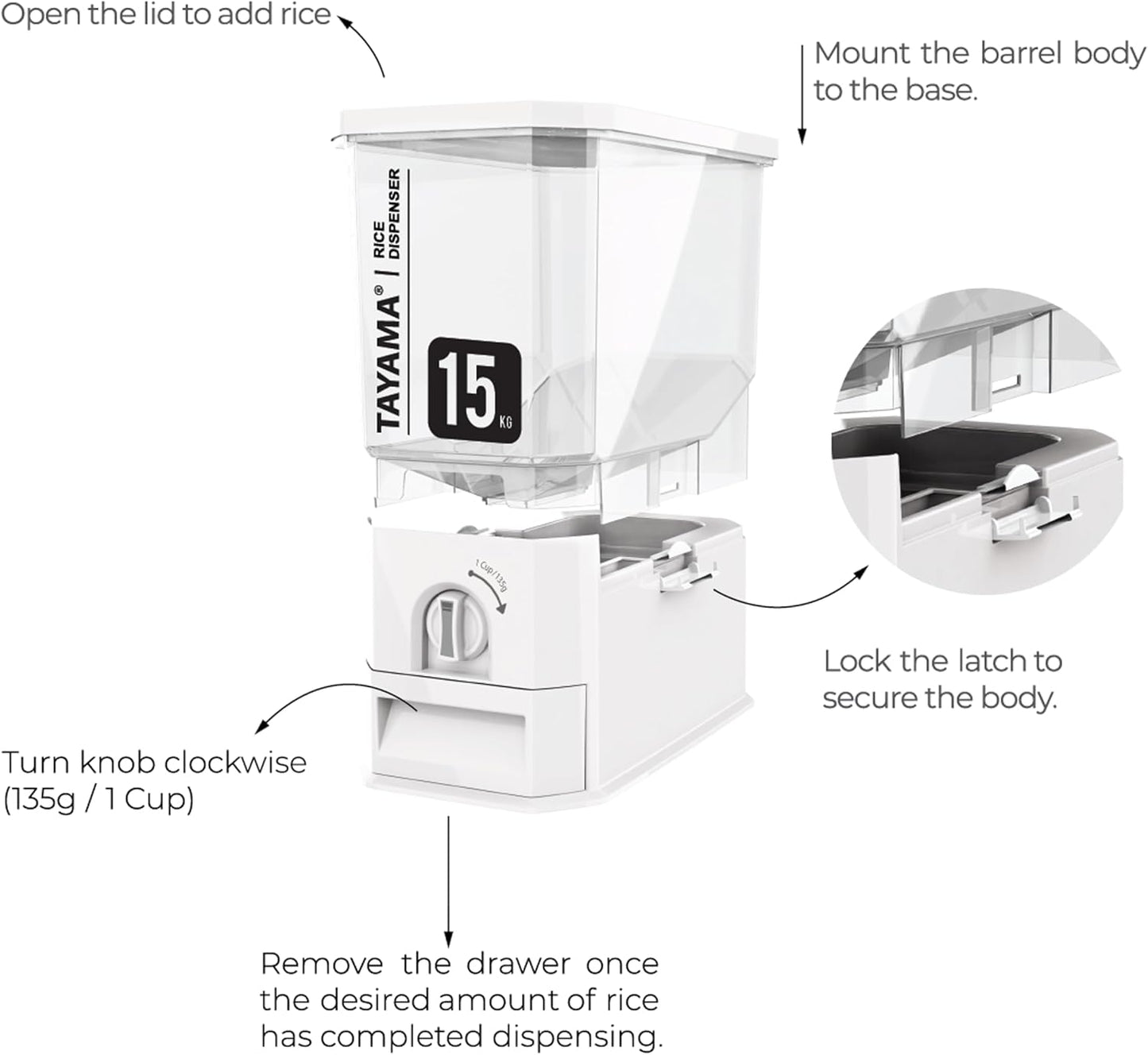 TAYAMA 55 lbs. Capacity Rice Dispenser Grain Storage Container,White