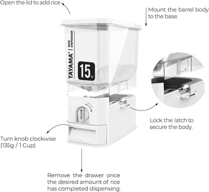 TAYAMA 55 lbs. Capacity Rice Dispenser Grain Storage Container,White
