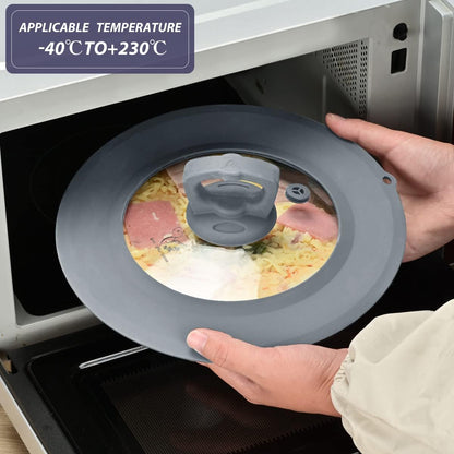 Vented Tempered Glass Universal Lid for Pot Pan Skillet with Heat Resistant Silicone Rim Microwave Splatter Lid Cover Microwave Safe Fit 11.5" 12" 12.5" Cookware, Dishwasher Safe Grey