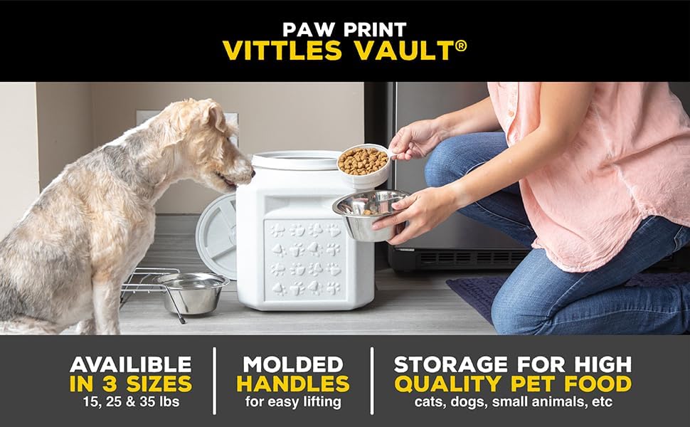 Vittles Vault Traditional Pet Food Storage Container For Dog Kibbles/Bird Seed/Oatmeal/Rice/Flour/Cereal, BPA Free Plastic, Sealed Airtight For Cat Food, Up To 30 lb, Made in USA, With Scoop, Gray