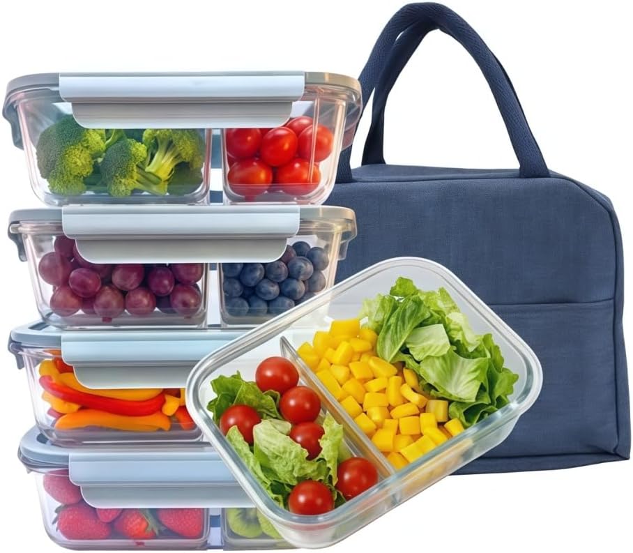 5Pack (32oz-3 Compartments with Lunch Bag) Glass Food Storage Containers with Lids for Kitchen Meal Prep, Fridge Organization, Lunch Box