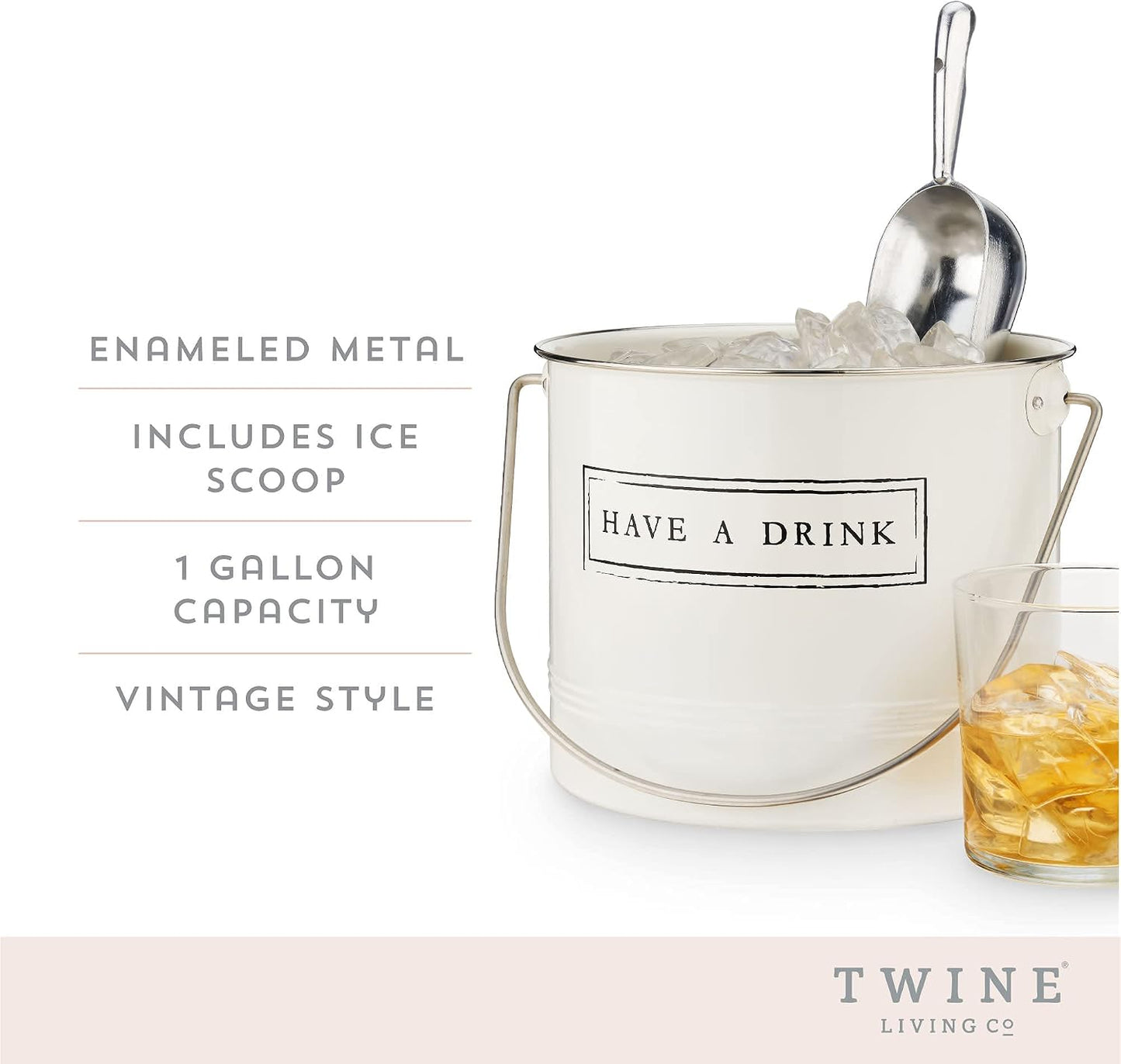 Twine Insulated Ice Bucket with Lid, Scoop & Handles for Beer, Wine, Champagne, Beverages, 1 Gal Galvanized Metal Bucket, Steel Ice Container for BBQs, Indoor & Outdoor Party Supplies, Bar Accessories