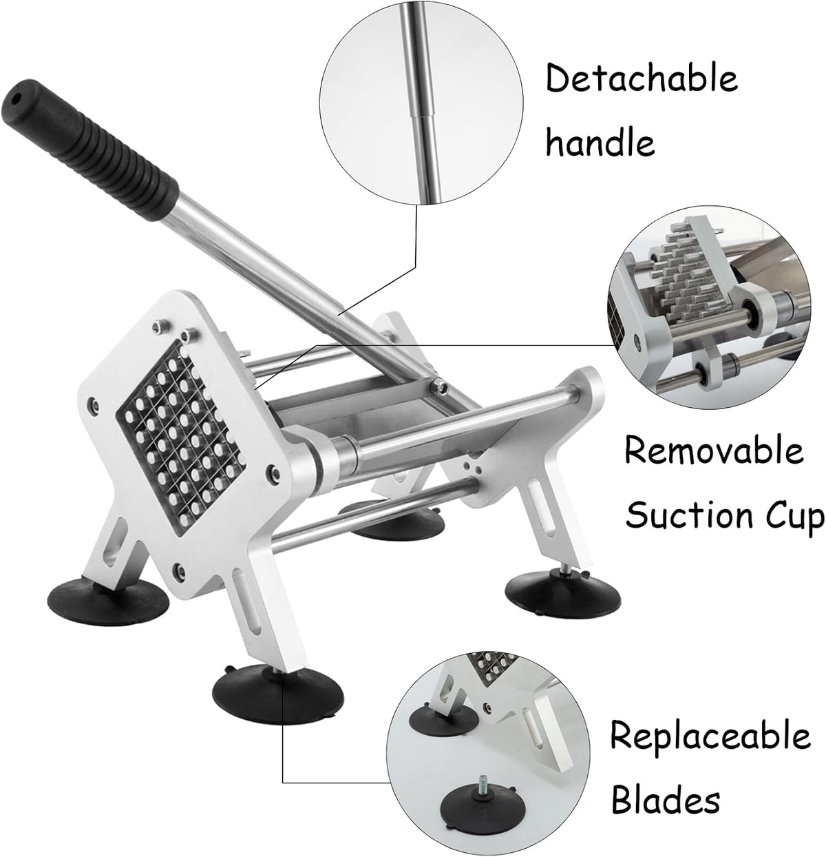 French Fry Cutter, Stainless Steel Potato Cutter with 1/2-Inch and 3/8-Inch Blades, 4 Suction Feet, Removable Handle for Potatoes, Carrots and Cucumbers