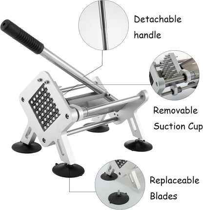 French Fry Cutter, Stainless Steel Potato Cutter with 1/2-Inch and 3/8-Inch Blades, 4 Suction Feet, Removable Handle for Potatoes, Carrots and Cucumbers