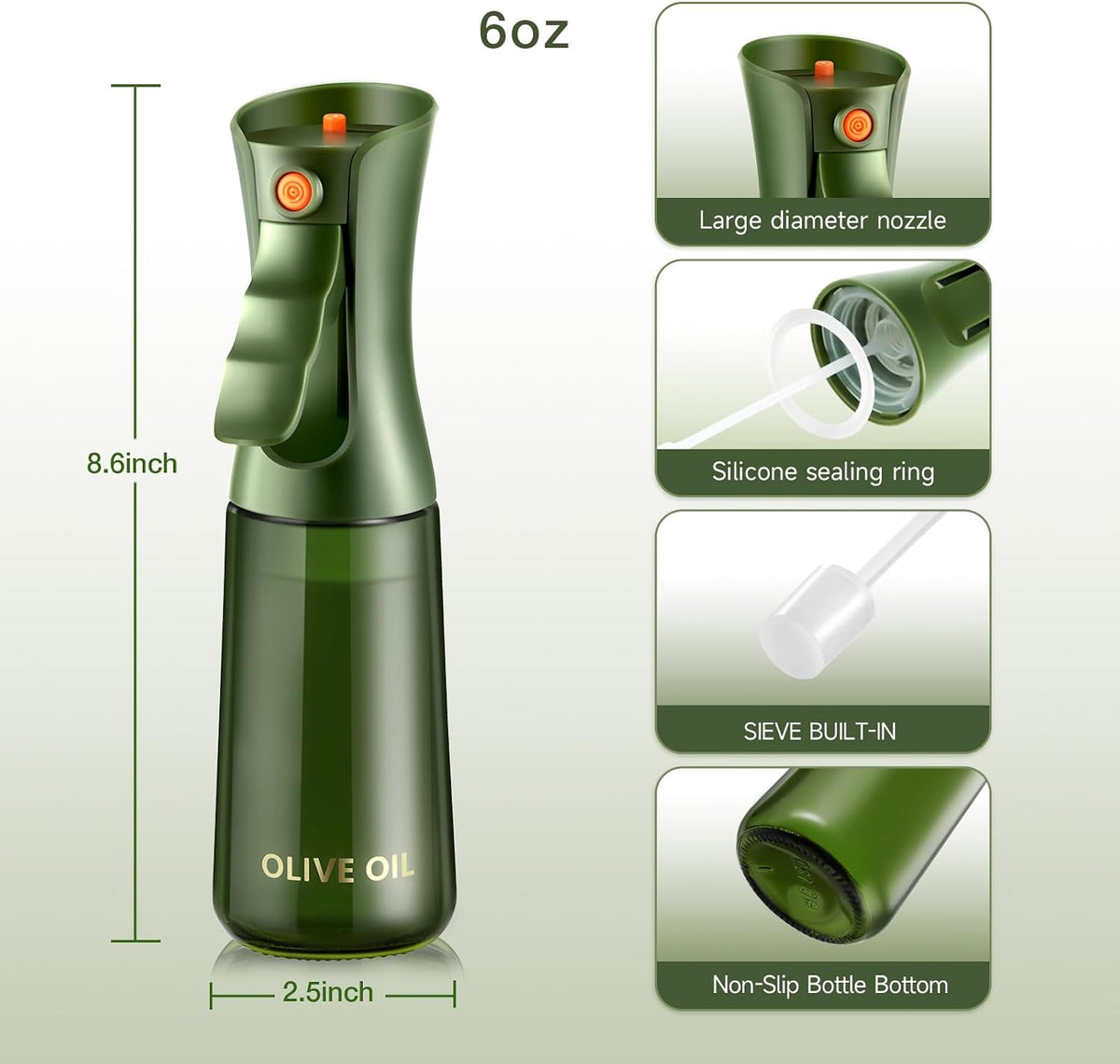 Glass Olive Oil Sprayer for Cooking 7.6 oz (Olive Green Bottle)