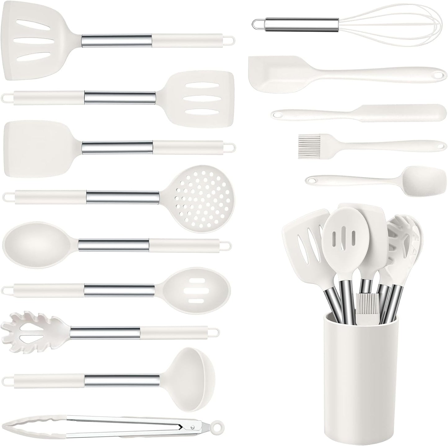 Onader Kitchen Utensils Set, 15 Pcs Silicone Cooking Utensils Set with Holder and Heat Resistant Stainless Steel Handle for Nonstick Cookware - Black