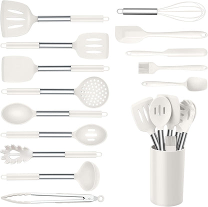 Onader Kitchen Utensils Set, 15 Pcs Silicone Cooking Utensils Set with Holder and Heat Resistant Stainless Steel Handle for Nonstick Cookware - Black