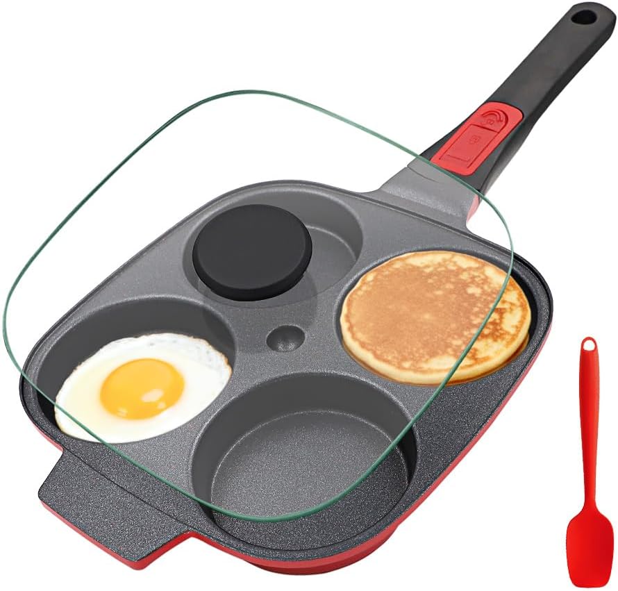 RANX INGST 4-Cup Egg Pan with Lid, Nonstick Omelette Skillet - Red