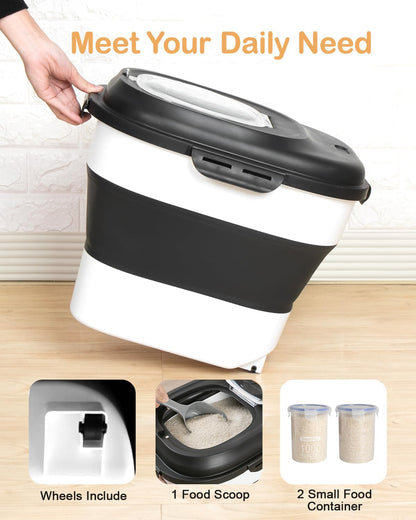 20-30 Lbs Rice Storage Container,Collapsible Food Storage Containers with Rolling Wheel Airtight Locking Lid,Flour Storage Container with Cup and Scoop,Suitable for Food,Rice,Pet Food,Flour