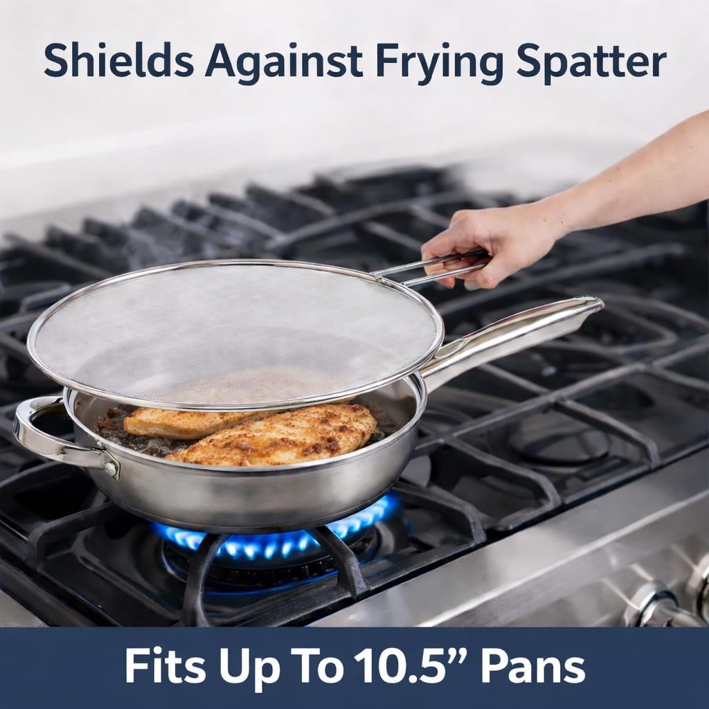 HIC Kitchen Splatter Screen, 18/8 Stainless Steel with Fine Mesh, 9-Inch, Fits Up To 8.5-Inch Pans