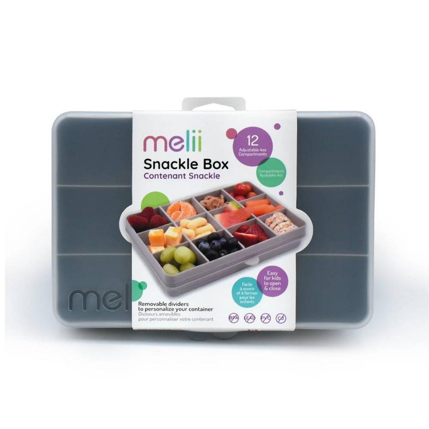 melii Snackle Box |12-Compartment Snack Container with Removable Dividers, BPA-Free Food Storage for Travel, School & On-the-Go Snacks, Kids & Family Organizer (Grey)
