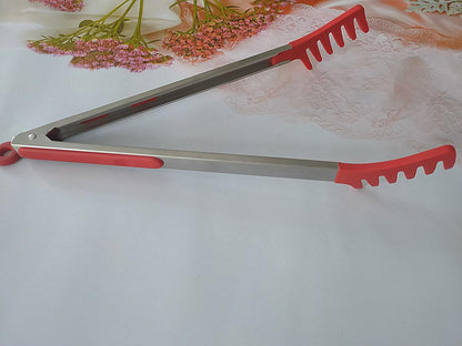 Large 16" Red Stainless Steel Pasta Tong with Silicone Tips, 16 inch Spaghetti Tongs Pasta Server Utensil for Noodles Cooking Baking Food BBQ Kitchen Tools