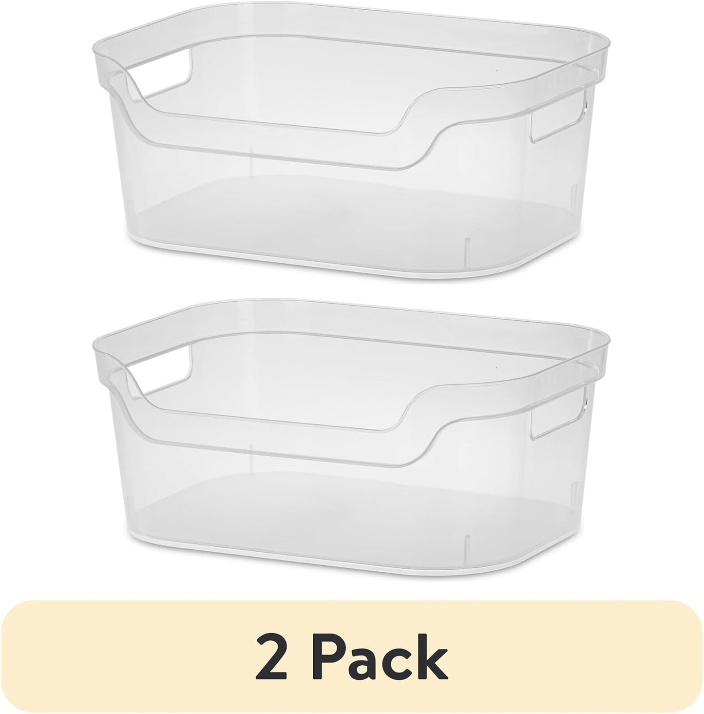 (2 pack) Medium Open Bin, Clear Plastic, Easy Access Bin with Scoop Front, Clear