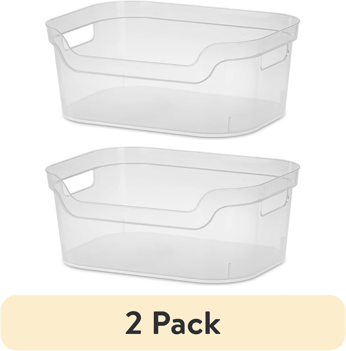 (2 pack) Medium Open Bin, Clear Plastic, Easy Access Bin with Scoop Front, Clear