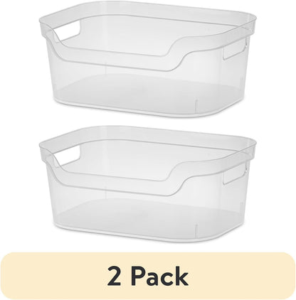 (2 pack) Medium Open Bin, Clear Plastic, Easy Access Bin with Scoop Front, Clear