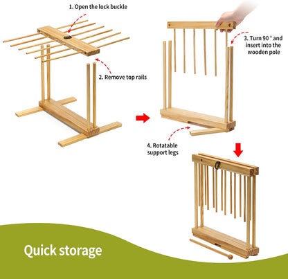 Collapsible Pasta Drying Rack, Wood Pasta Dryer Hanger Rack, Spaghetti Noodle Drying Hanging Rack Stand with 12 Bars and Transfer Wand, Foldable for Easy Storage