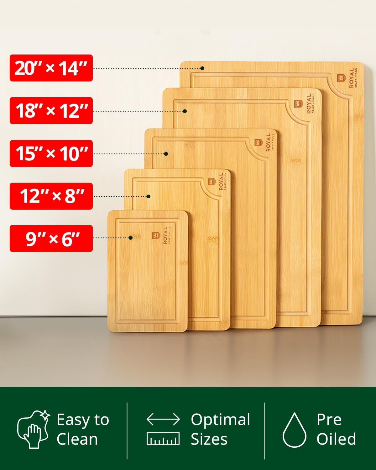 ROYAL CRAFT WOOD Wooden Cutting Boards for Kitchen Meal Prep & Serving - Bamboo Wood Serving Board Set with Deep Juice Groove Side Handles - Charcuterie & Chopping Butcher Block for Meat