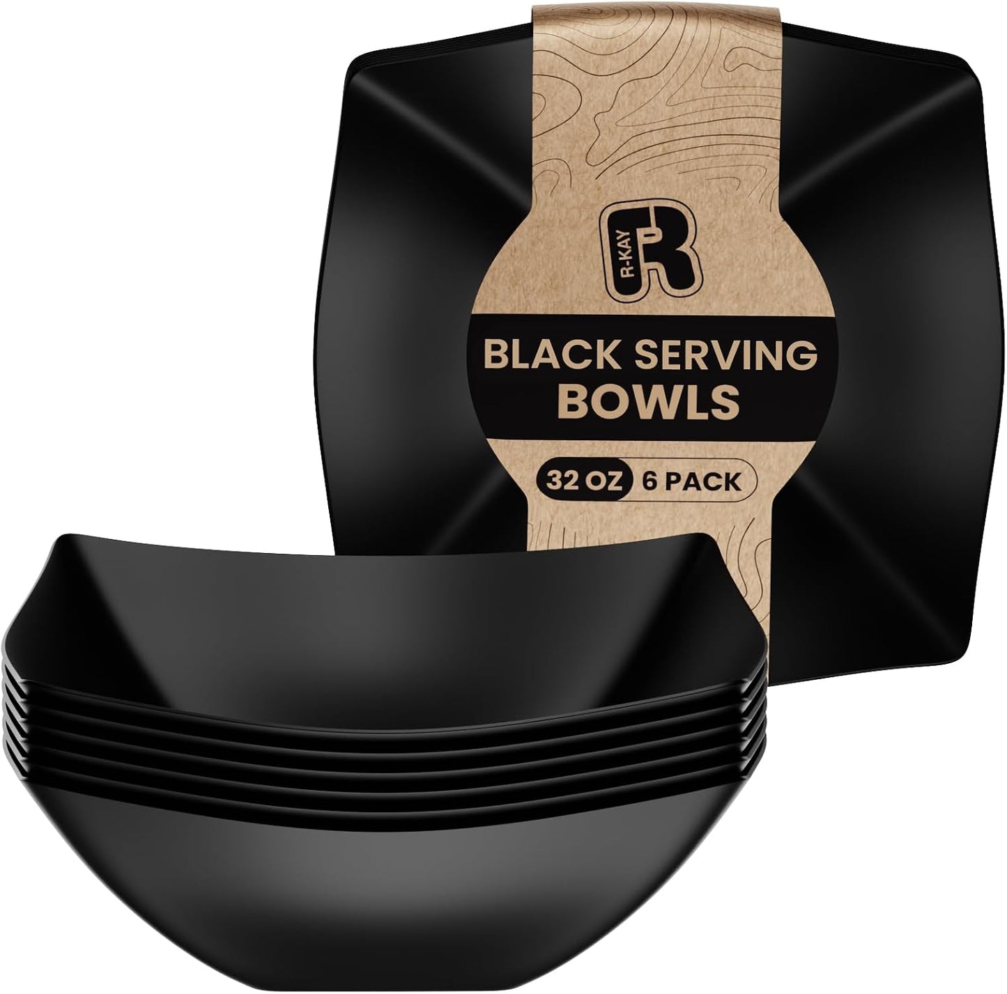 R-kay 6 Pack Square Plastic Serving Bowls - Clear Plastic bowls 16 Oz - Disposable Serving Bowls Heavy Duty For Weddings Catering And Birthday parties