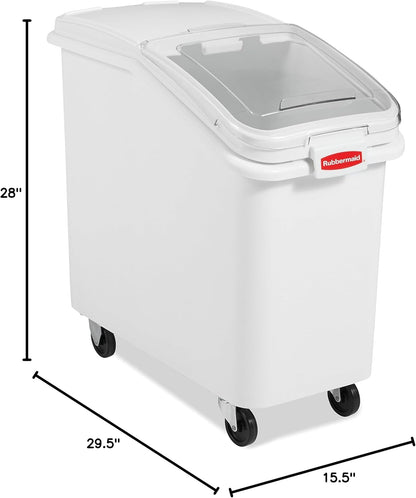 Rubbermaid Commercial Products ProSave Shelf-Storage Ingredient Bin With Scoop, 600-Cup capacity, Plastic, White, Sliding Lid, Container with Wheels for Kitchen/Restaurant Food Organization