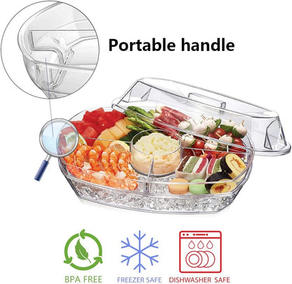 INNOVATIVE LIFE Appetizer Serving Tray on Ice, 15 Inch Party Platter with 4 Ice Cube Tray, Kitchen Chilled Food Bowl with Compartment and Lids for Shrimp, Fruits, Vegetables, Salads, Sushi, Clear