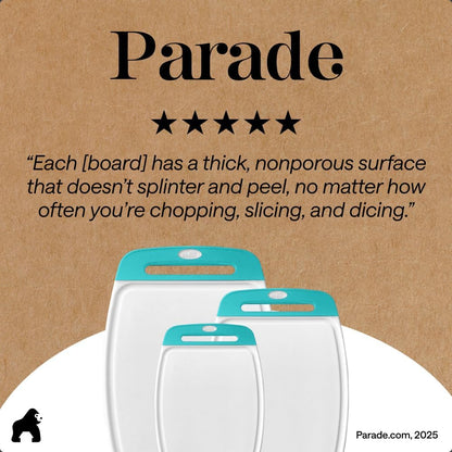 GORILLA GRIP BPA-Free Reversible Kitchen Cutting Board Set of 3, US Designed, Nonporous, Juice Grooves Catch Liquid, Slip Resistant Border, Dishwasher Safe, Durable Large Food Chopping Boards, Black