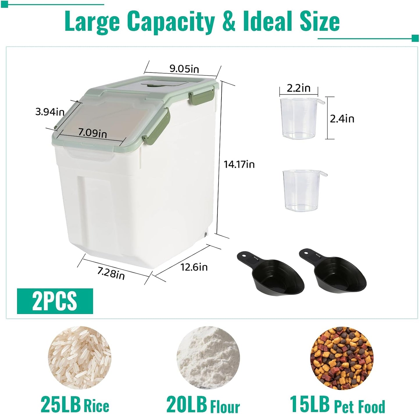 4 Pack Rice Container 25 lbs Large Bulk Flour Sugar Storage Holdhouse Plastic Grain Cereal Dry Goods Bin with Spoon and Measuring Cup for Kitchen Pantry Organization - Green