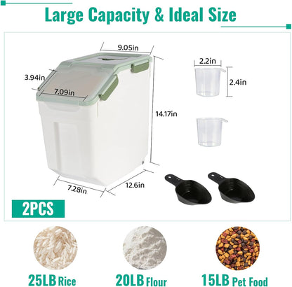 4 Pack Rice Container 25 lbs Large Bulk Flour Sugar Storage Holdhouse Plastic Grain Cereal Dry Goods Bin with Spoon and Measuring Cup for Kitchen Pantry Organization - Green
