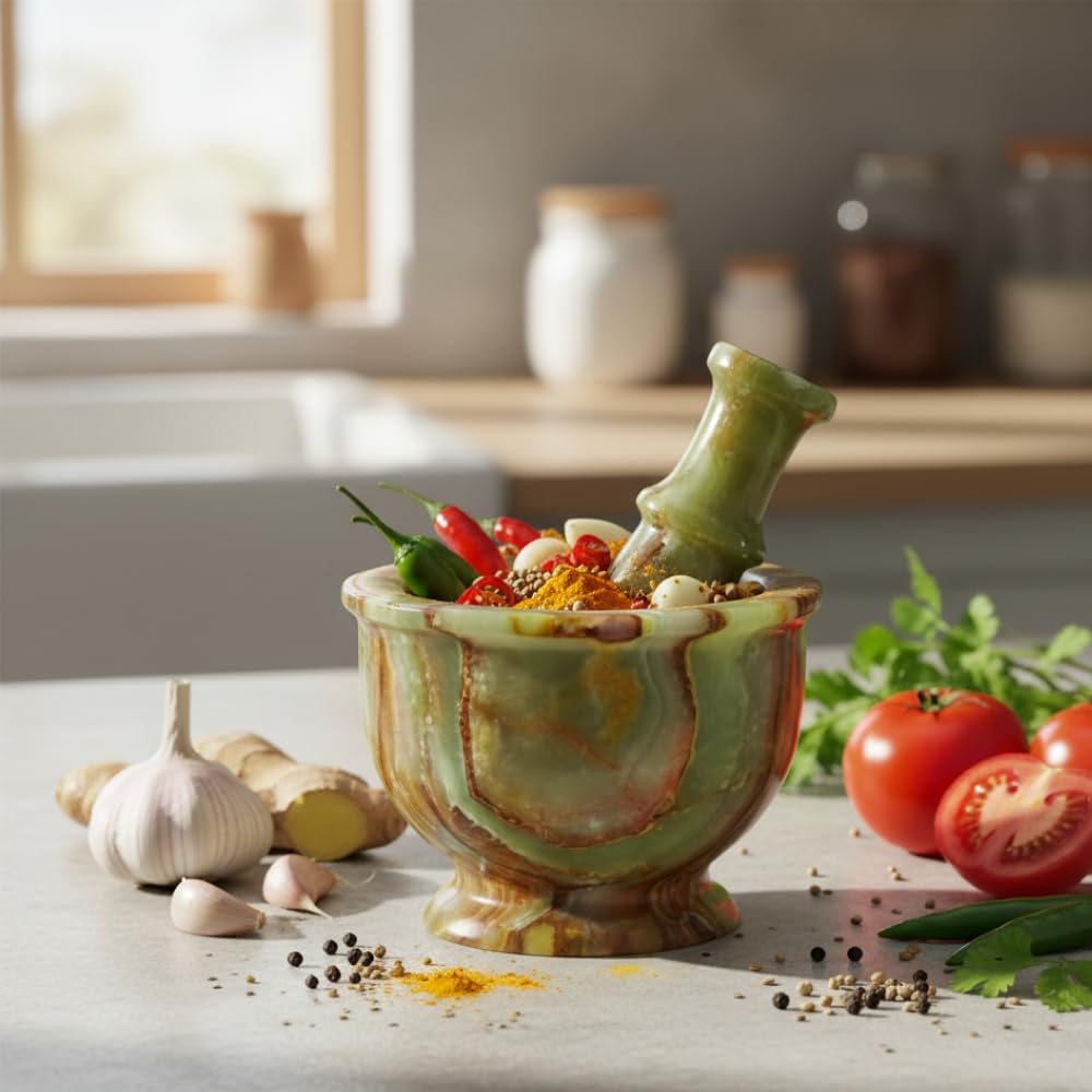 Mortar and Pestle Set – Large Stone Grinder with Polished Bowl & Non-Slip Base | Elegant Onyx Marble Kitchen Tool for Spices, Herbs & Guacamole
