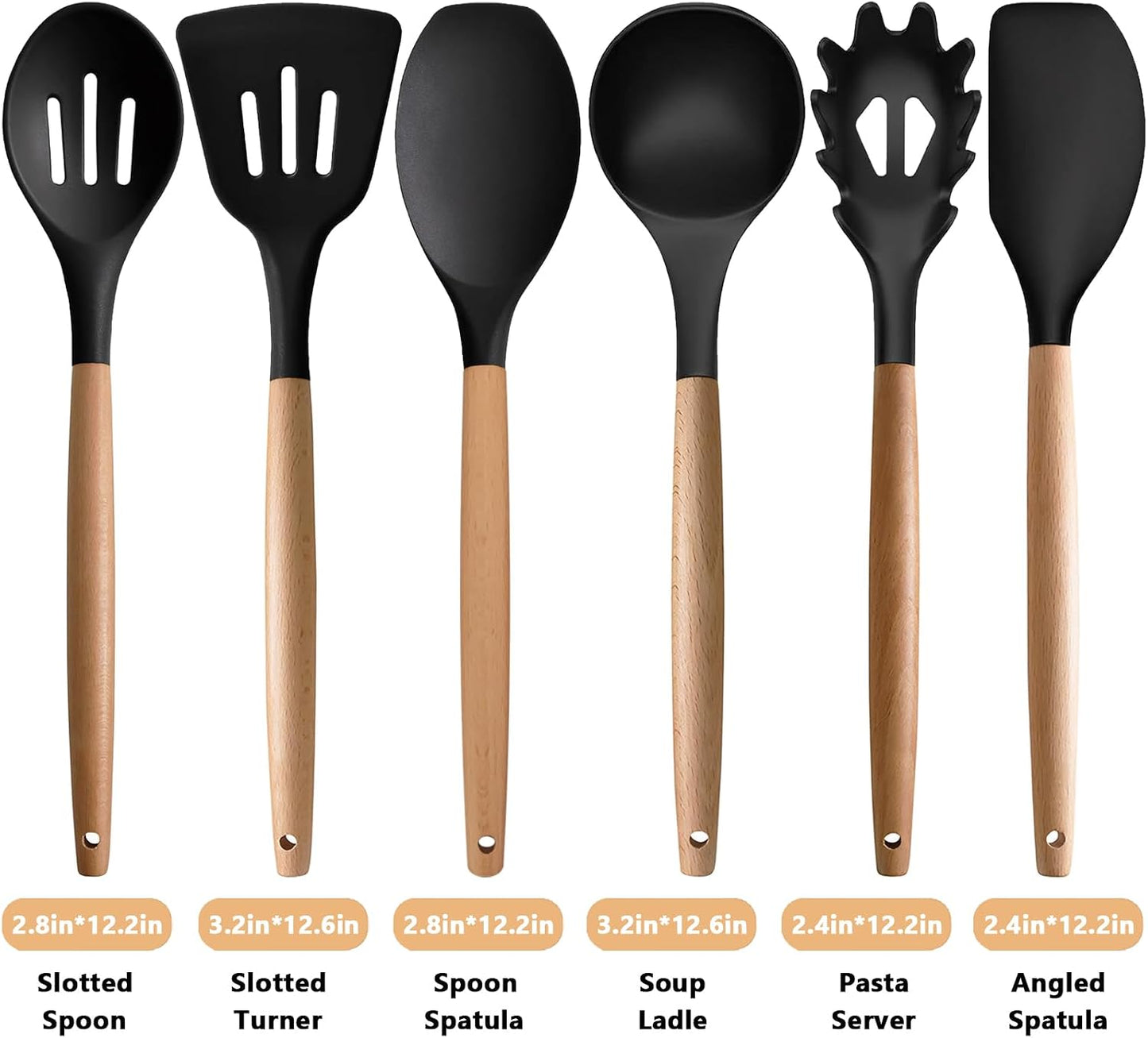 Kitchen Cooking Utensils Set, 6Pcs Silicone Kitchen Utensils Set Spatula Spoon Soup Ladle Turner, Heat Resistant Wooden Handle Silicone Cooking Gadgets for Nonstick Cookware & Baking BPA FREE