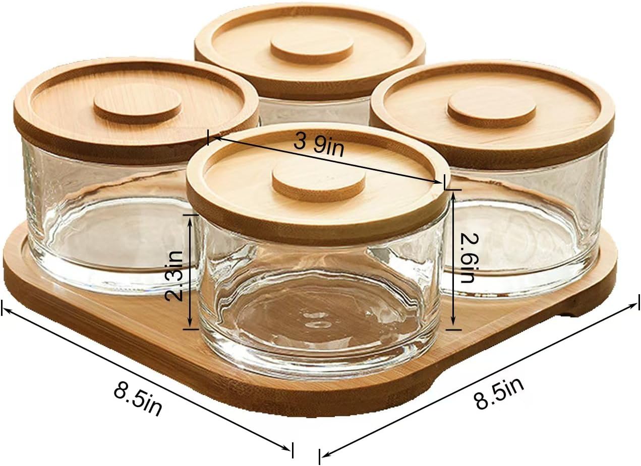 Chip and Dip Serving Set with Bamboo Tray, Snack Candy Fruit Nut Serving Platter, Small Glass Dipping Serving Bowls with Lids for Condiments, Side Dishes, Pre, Dessert, Salsa (3 Slots)