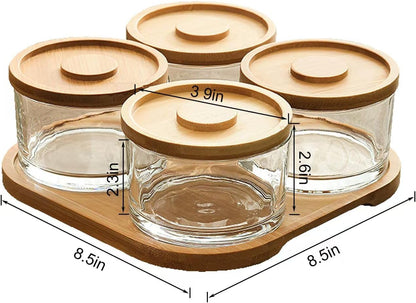 Chip and Dip Serving Set with Bamboo Tray, Snack Candy Fruit Nut Serving Platter, Small Glass Dipping Serving Bowls with Lids for Condiments, Side Dishes, Pre, Dessert, Salsa (3 Slots)